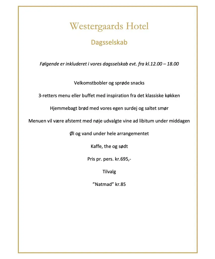 Westergaards Hotel Dagsselskab menu
